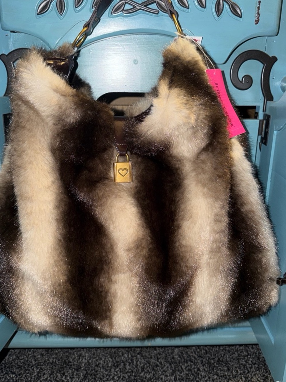 Betsey Johnson Brown and Cream Faux Fur Shoulder Bag with Gold Lock Charm